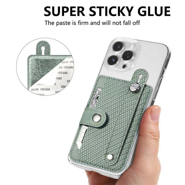 Carbon Fiber Phone Card Holder Wristband Kickstand Leather Card Bag with Card Knife