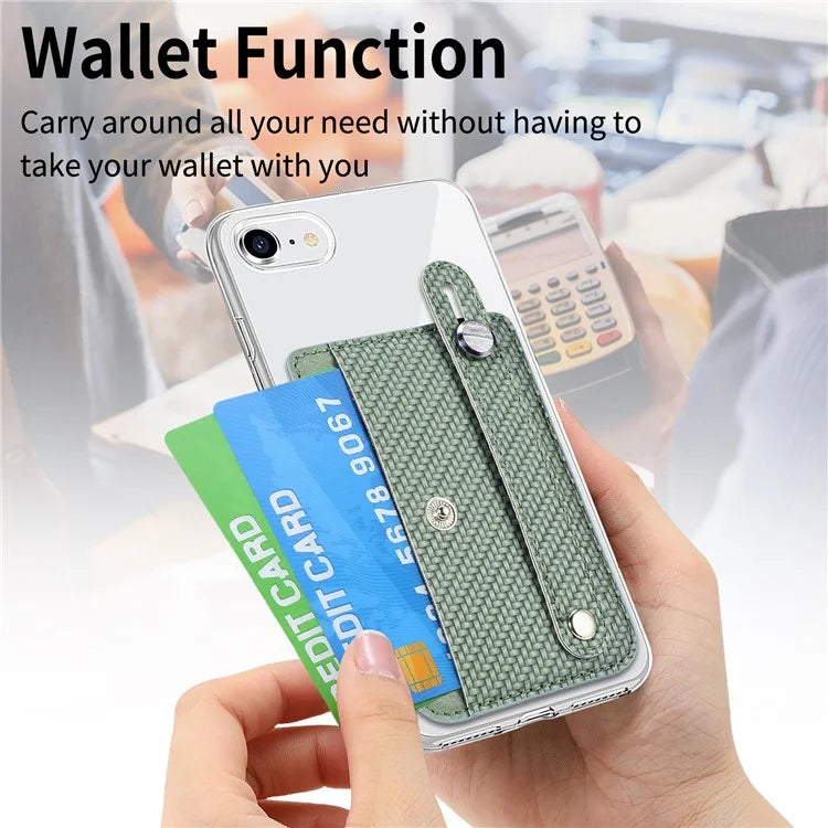 Carbon Fiber Phone Card Holder Wristband Kickstand Leather Card Bag with Card Knife