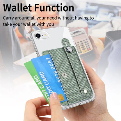 Carbon Fiber Phone Card Holder Wristband Kickstand Leather Card Bag with Card Knife