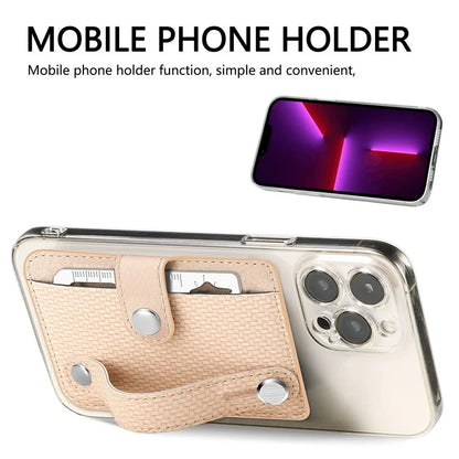 Carbon Fiber Phone Card Holder Wristband Kickstand Leather Card Bag with Card Knife