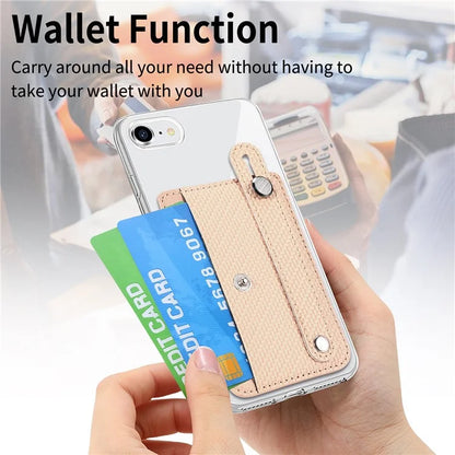 Carbon Fiber Phone Card Holder Wristband Kickstand Leather Card Bag with Card Knife