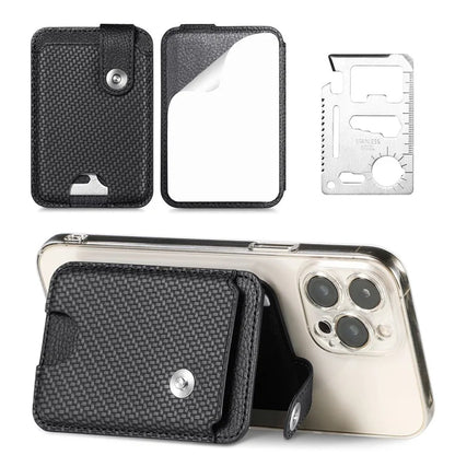 Phone Card Holder Carbon Fiber Texture Kickstand Adhesive PU Leather Card Bag