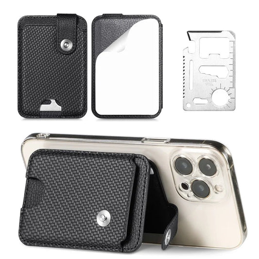 Phone Card Holder Carbon Fiber Texture Kickstand Adhesive PU Leather Card Bag