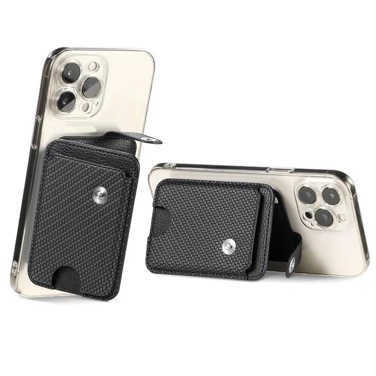 Phone Card Holder Carbon Fiber Texture Kickstand Adhesive PU Leather Card Bag