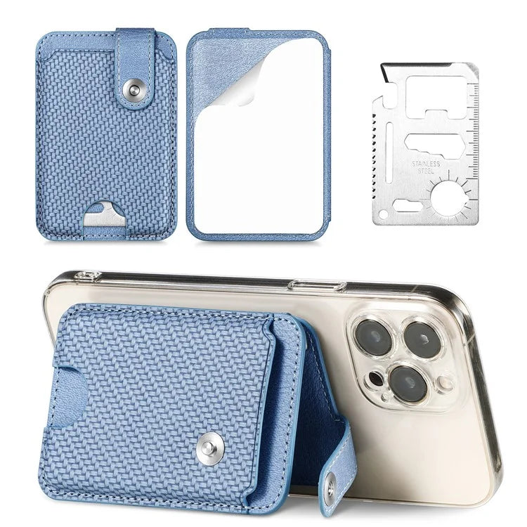Phone Card Holder Carbon Fiber Texture Kickstand Adhesive PU Leather Card Bag
