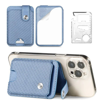 Phone Card Holder Carbon Fiber Texture Kickstand Adhesive PU Leather Card Bag
