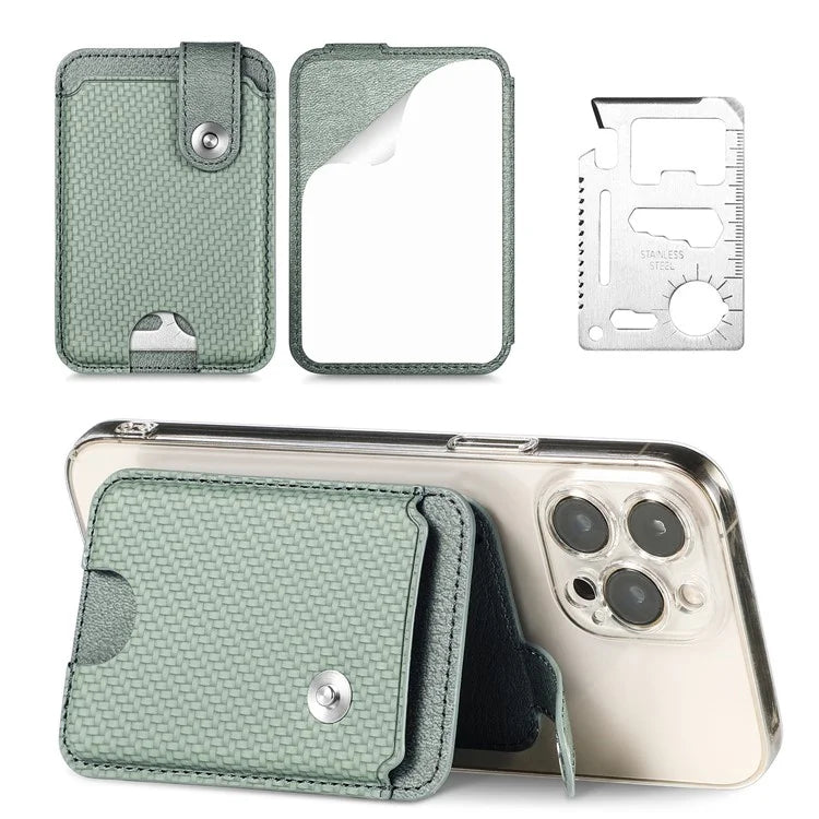 Phone Card Holder Carbon Fiber Texture Kickstand Adhesive PU Leather Card Bag