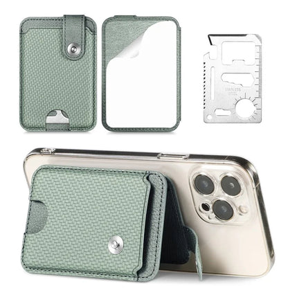 Phone Card Holder Carbon Fiber Texture Kickstand Adhesive PU Leather Card Bag