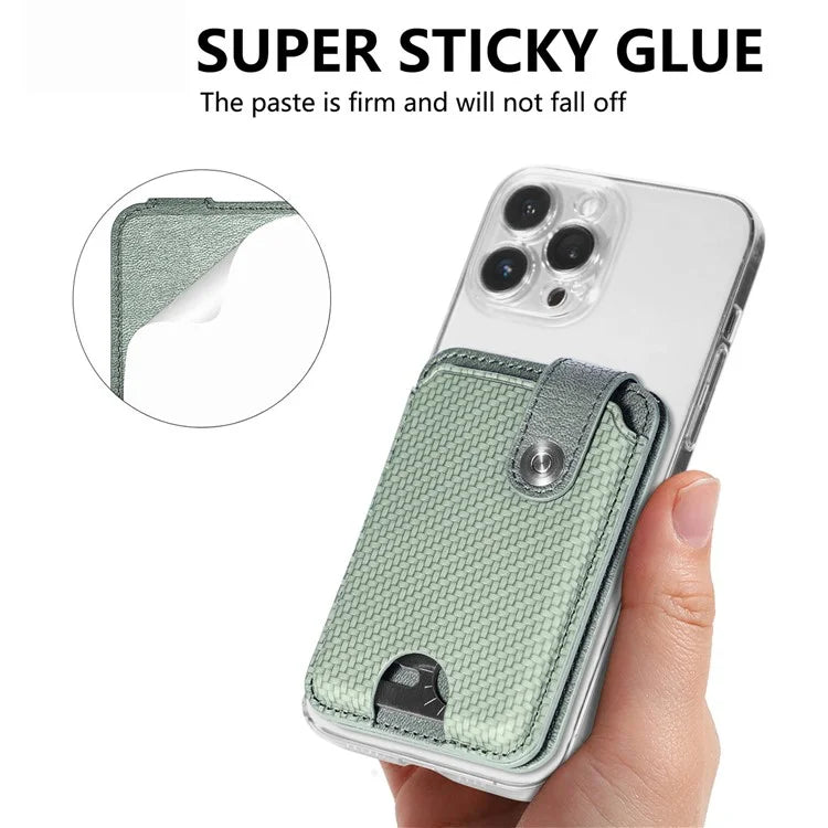 Phone Card Holder Carbon Fiber Texture Kickstand Adhesive PU Leather Card Bag