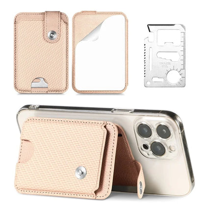 Phone Card Holder Carbon Fiber Texture Kickstand Adhesive PU Leather Card Bag