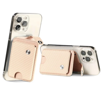 Phone Card Holder Carbon Fiber Texture Kickstand Adhesive PU Leather Card Bag