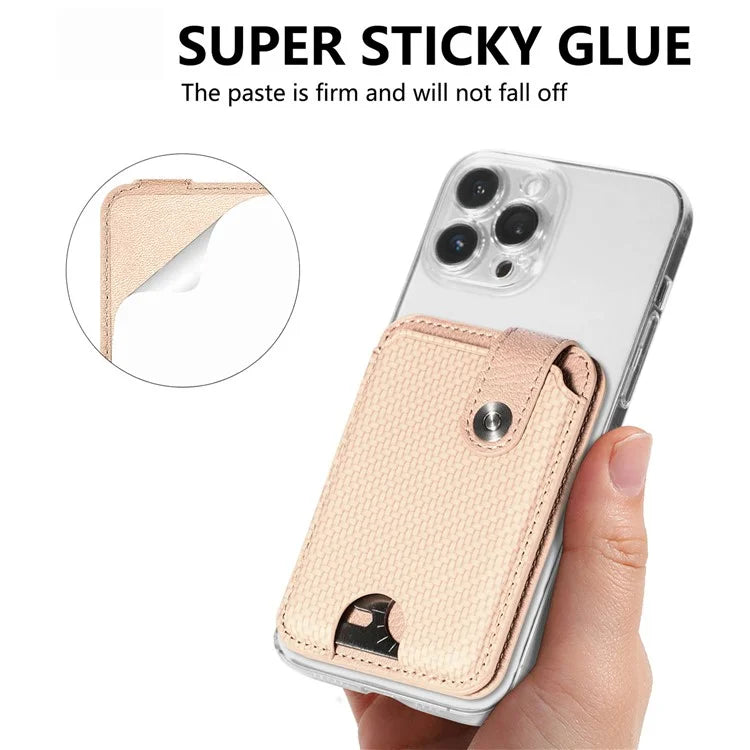 Phone Card Holder Carbon Fiber Texture Kickstand Adhesive PU Leather Card Bag