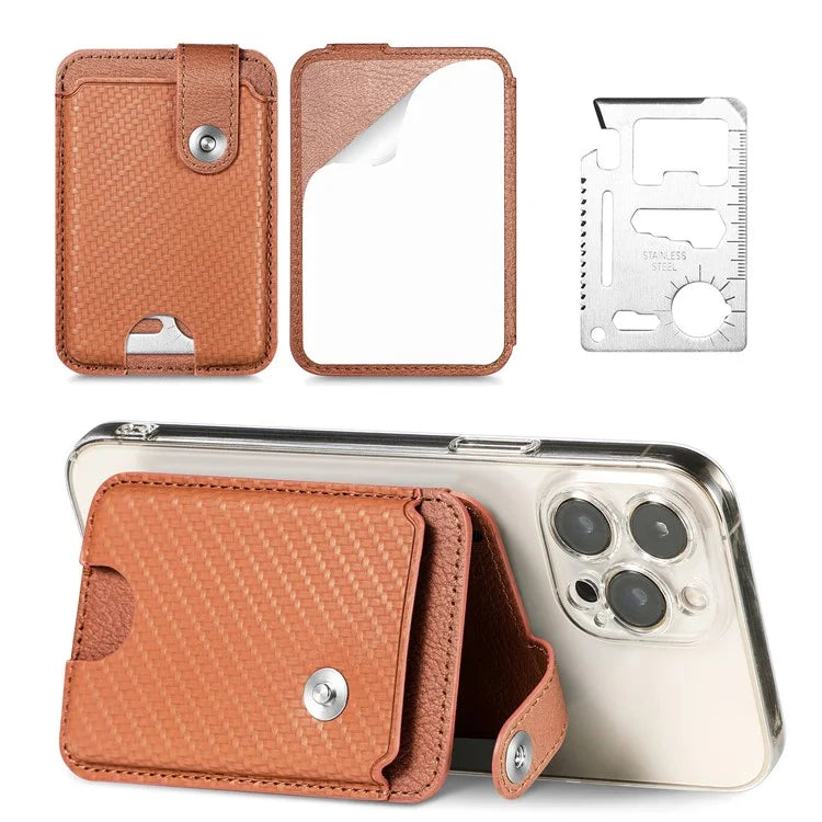 Phone Card Holder Carbon Fiber Texture Kickstand Adhesive PU Leather Card Bag