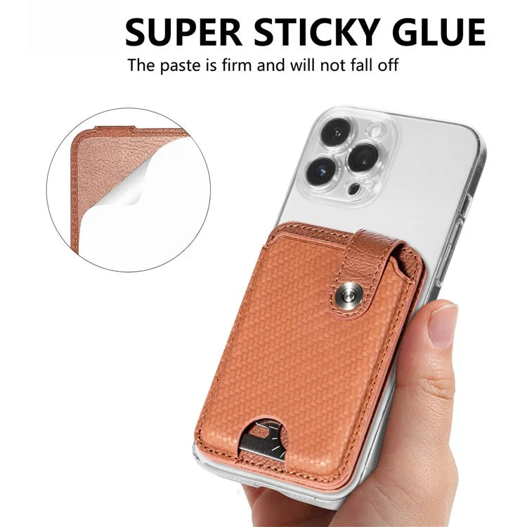 Phone Card Holder Carbon Fiber Texture Kickstand Adhesive PU Leather Card Bag