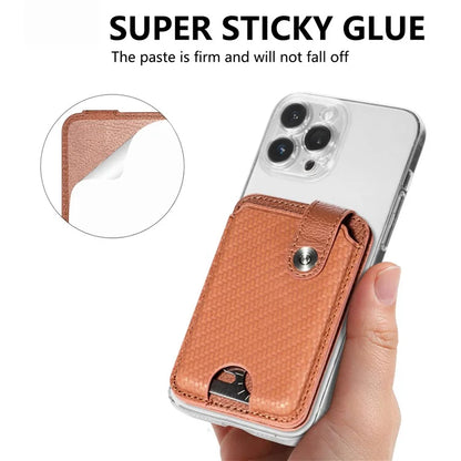 Phone Card Holder Carbon Fiber Texture Kickstand Adhesive PU Leather Card Bag