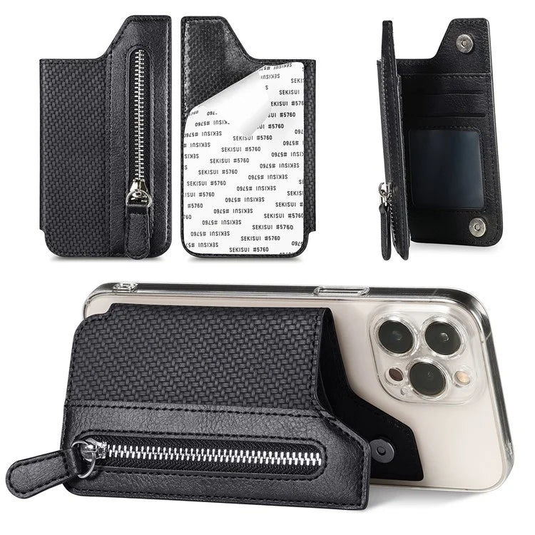 Zipper Card Holder Bag Kickstand Carbon Fiber Texture Leather Zipper Wallet