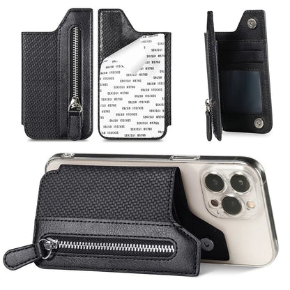 Zipper Card Holder Bag Kickstand Carbon Fiber Texture Leather Zipper Wallet