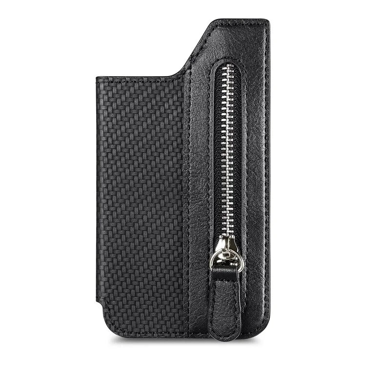 Zipper Card Holder Bag Kickstand Carbon Fiber Texture Leather Zipper Wallet
