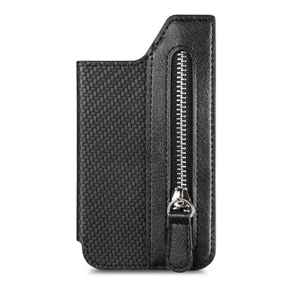 Zipper Card Holder Bag Kickstand Carbon Fiber Texture Leather Zipper Wallet