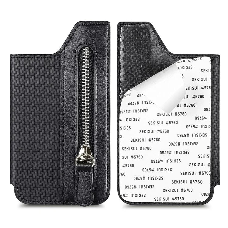 Zipper Card Holder Bag Kickstand Carbon Fiber Texture Leather Zipper Wallet
