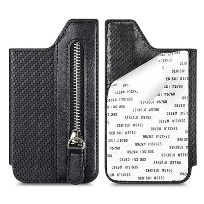 Zipper Card Holder Bag Kickstand Carbon Fiber Texture Leather Zipper Wallet