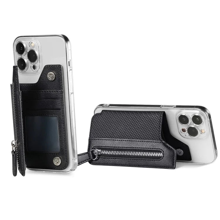 Zipper Card Holder Bag Kickstand Carbon Fiber Texture Leather Zipper Wallet
