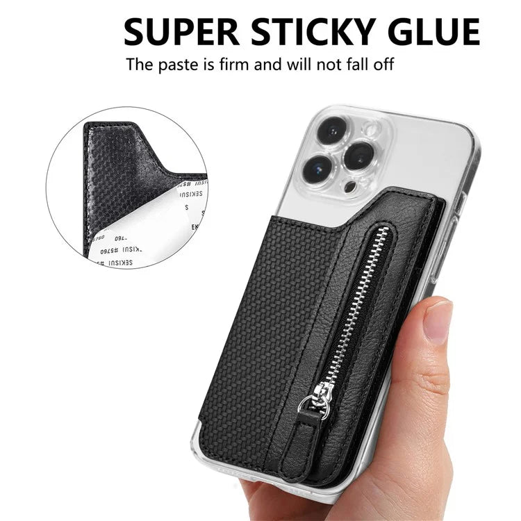 Zipper Card Holder Bag Kickstand Carbon Fiber Texture Leather Zipper Wallet
