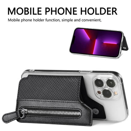 Zipper Card Holder Bag Kickstand Carbon Fiber Texture Leather Zipper Wallet