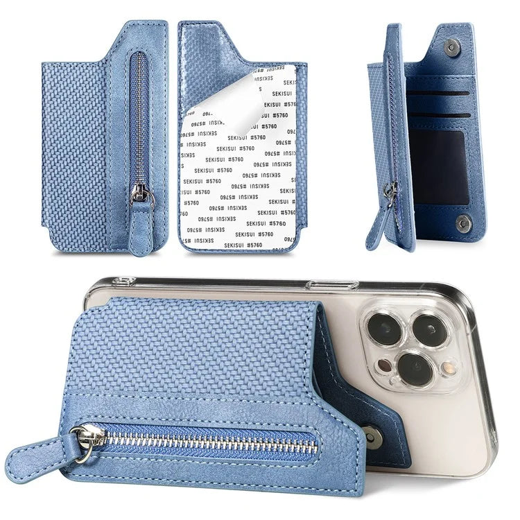 Zipper Card Holder Bag Kickstand Carbon Fiber Texture Leather Zipper Wallet