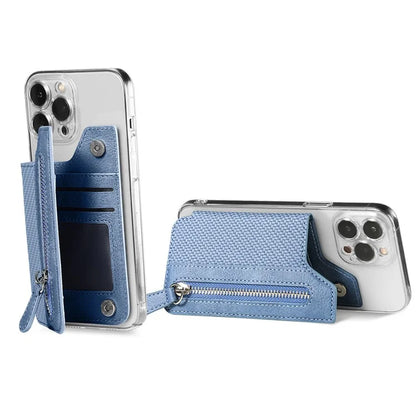 Zipper Card Holder Bag Kickstand Carbon Fiber Texture Leather Zipper Wallet