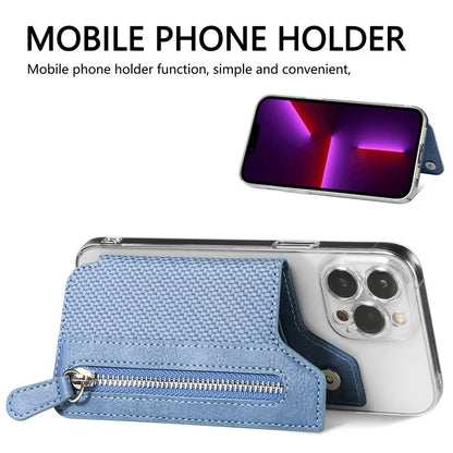 Zipper Card Holder Bag Kickstand Carbon Fiber Texture Leather Zipper Wallet