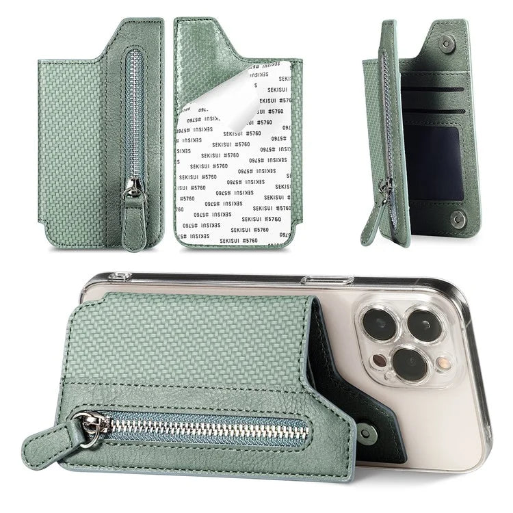 Zipper Card Holder Bag Kickstand Carbon Fiber Texture Leather Zipper Wallet