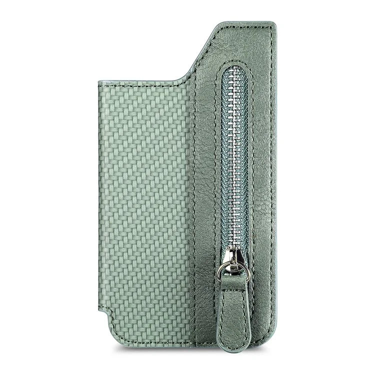 Zipper Card Holder Bag Kickstand Carbon Fiber Texture Leather Zipper Wallet