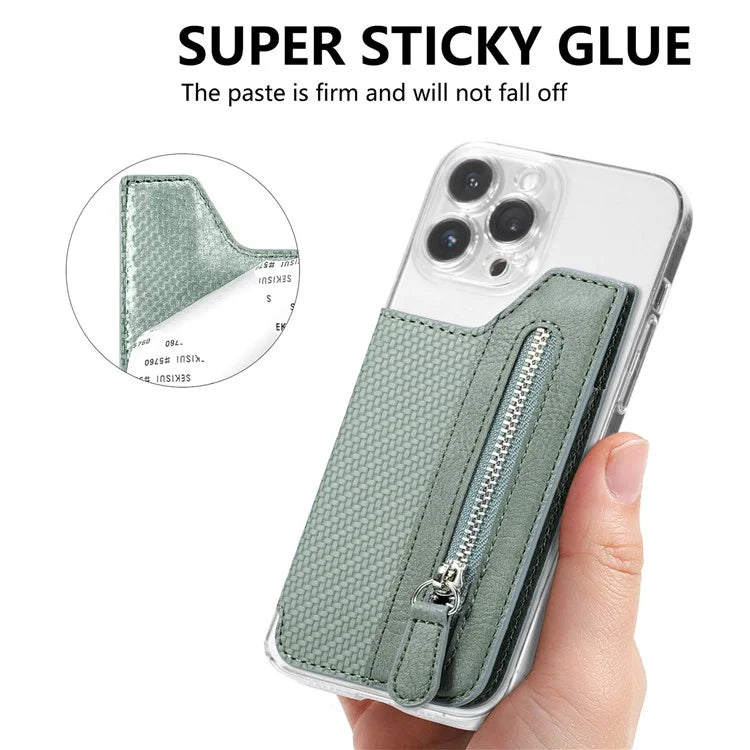 Zipper Card Holder Bag Kickstand Carbon Fiber Texture Leather Zipper Wallet