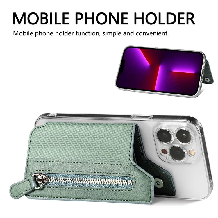 Zipper Card Holder Bag Kickstand Carbon Fiber Texture Leather Zipper Wallet