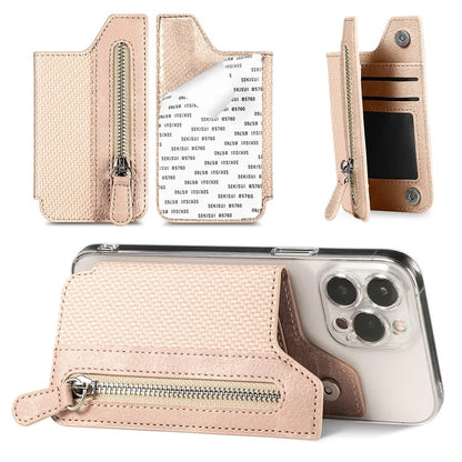 Zipper Card Holder Bag Kickstand Carbon Fiber Texture Leather Zipper Wallet