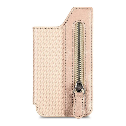 Zipper Card Holder Bag Kickstand Carbon Fiber Texture Leather Zipper Wallet