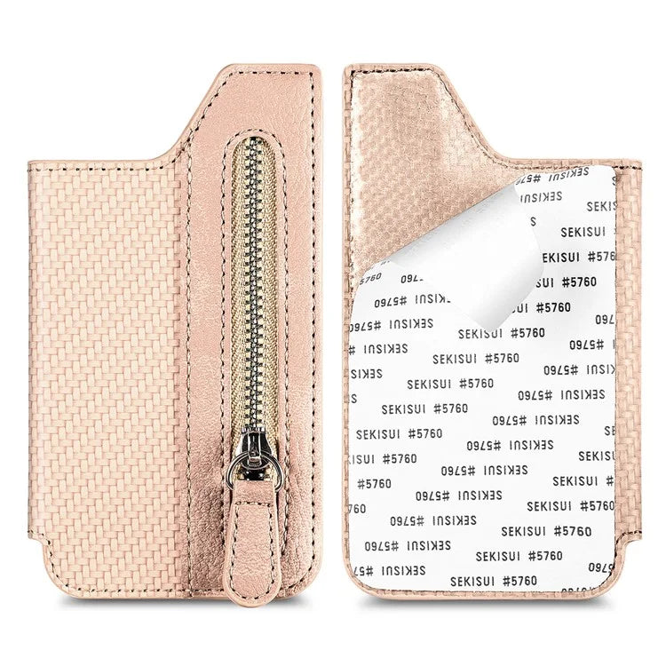 Zipper Card Holder Bag Kickstand Carbon Fiber Texture Leather Zipper Wallet