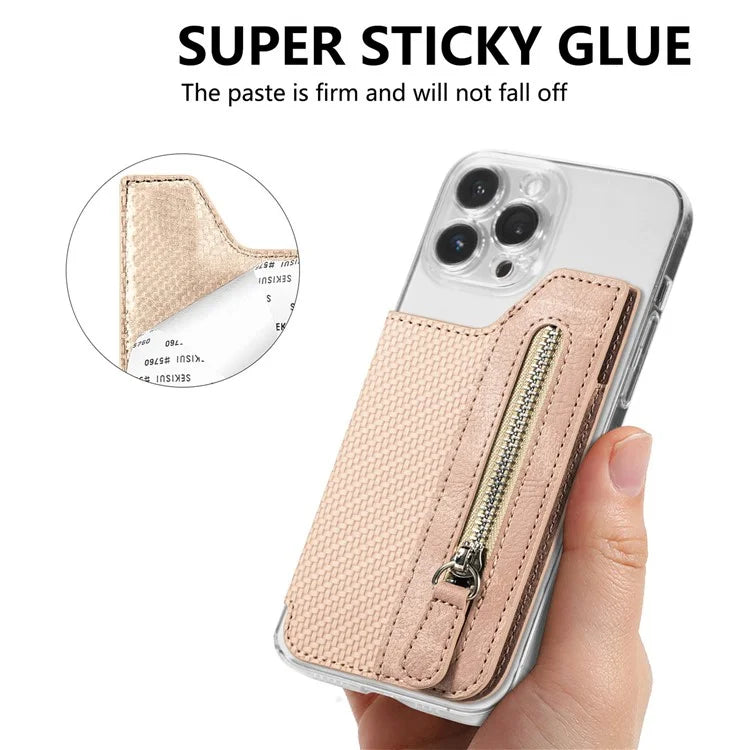 Zipper Card Holder Bag Kickstand Carbon Fiber Texture Leather Zipper Wallet