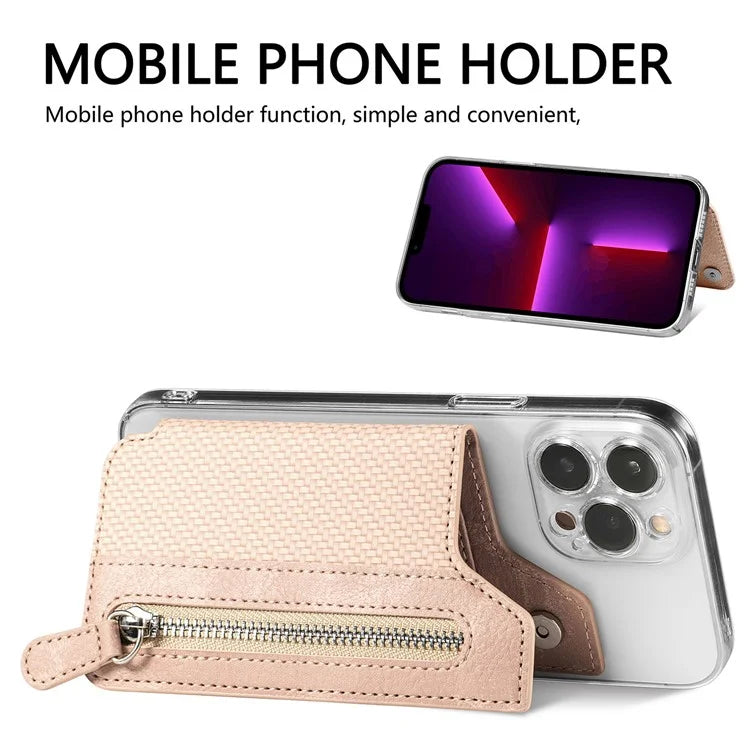 Zipper Card Holder Bag Kickstand Carbon Fiber Texture Leather Zipper Wallet