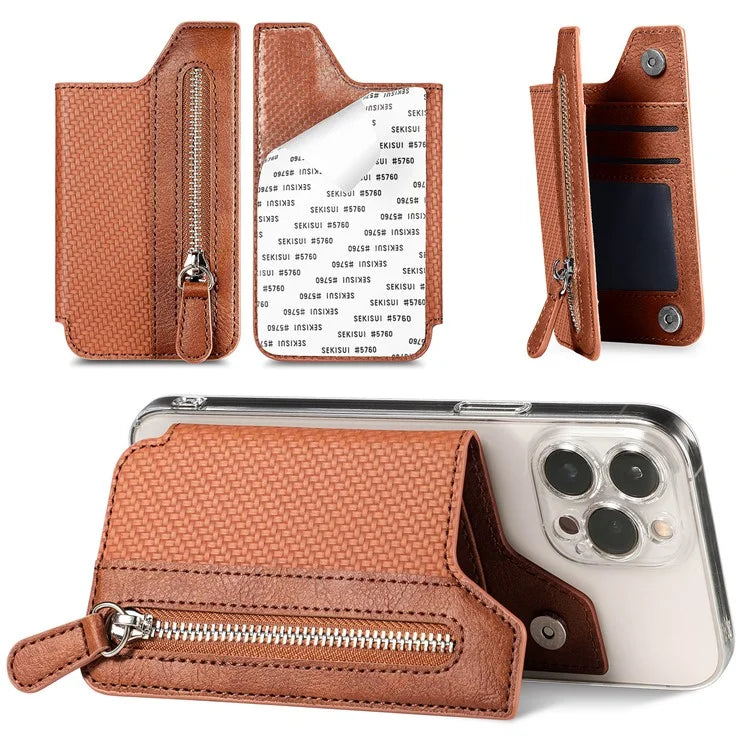 Zipper Card Holder Bag Kickstand Carbon Fiber Texture Leather Zipper Wallet