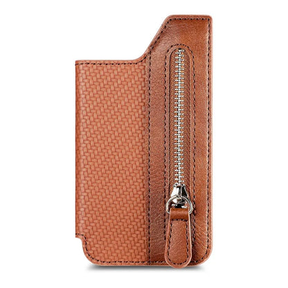 Zipper Card Holder Bag Kickstand Carbon Fiber Texture Leather Zipper Wallet
