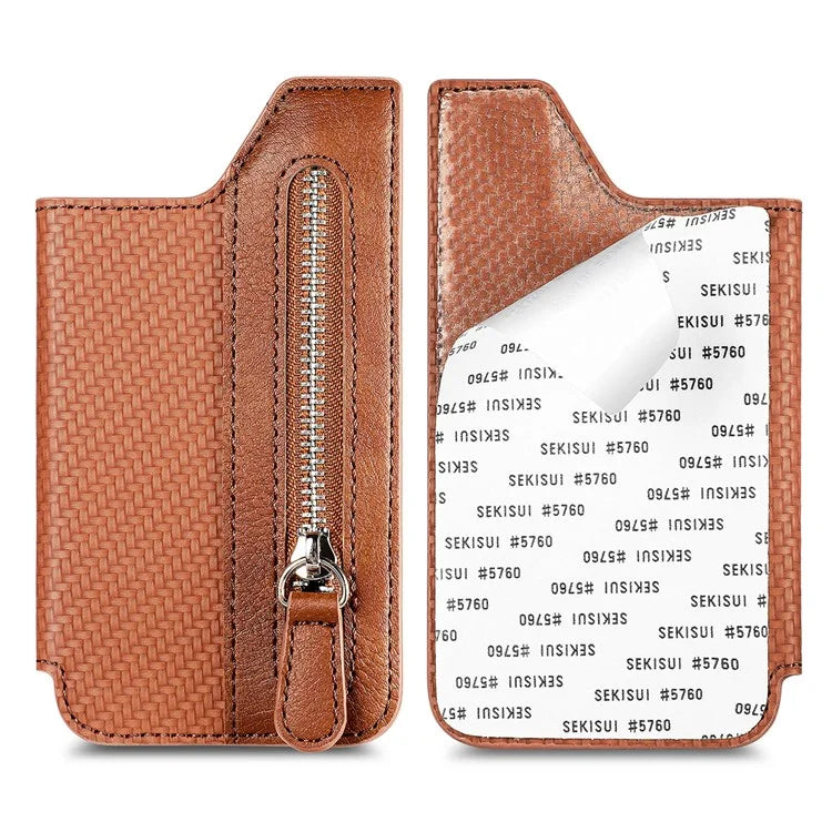 Zipper Card Holder Bag Kickstand Carbon Fiber Texture Leather Zipper Wallet