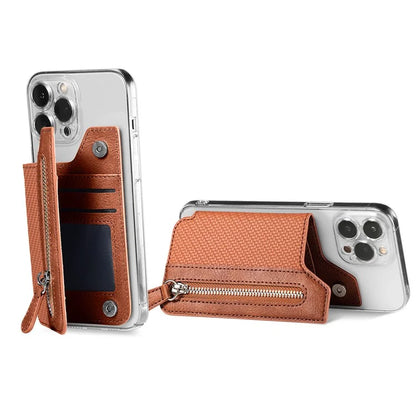 Zipper Card Holder Bag Kickstand Carbon Fiber Texture Leather Zipper Wallet
