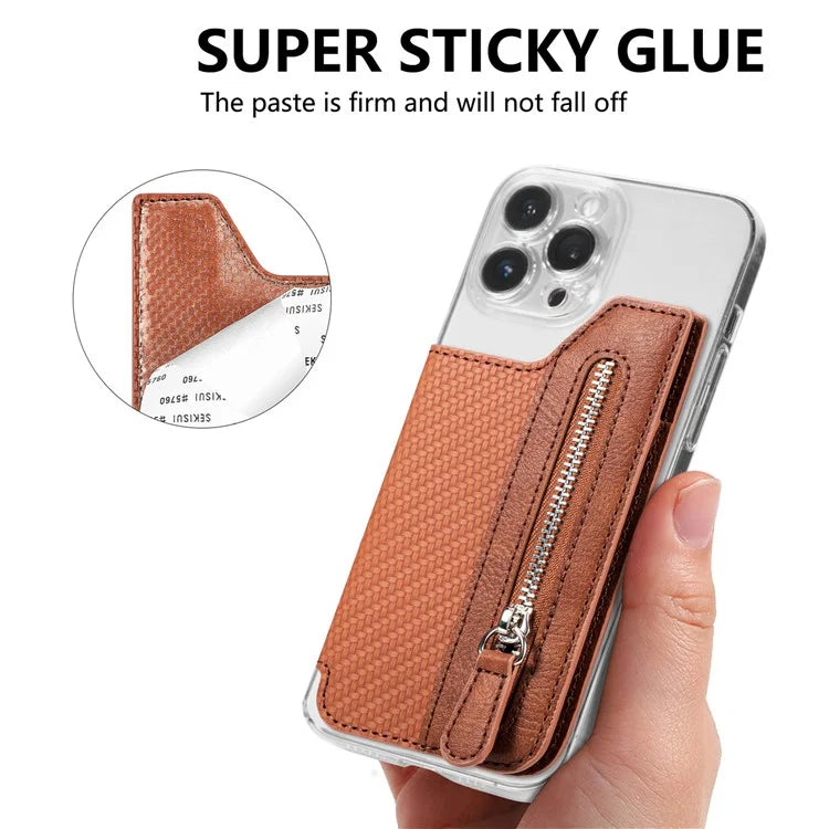 Zipper Card Holder Bag Kickstand Carbon Fiber Texture Leather Zipper Wallet