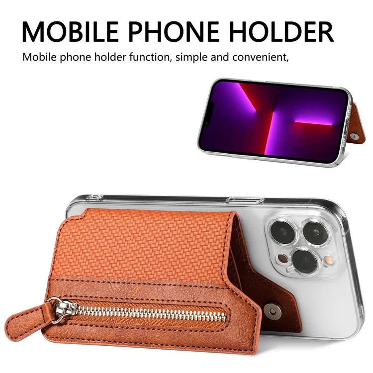 Zipper Card Holder Bag Kickstand Carbon Fiber Texture Leather Zipper Wallet