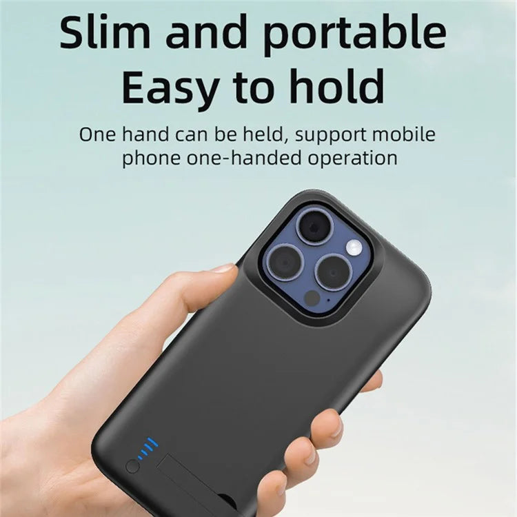 T44 For iPhone 15 Pro Additional Battery Case Kickstand 5000mAh Backup Battery Power Phone Case