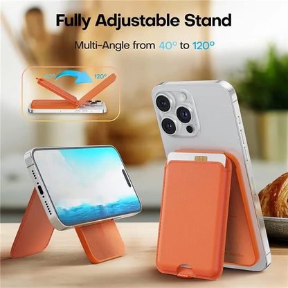 For iPhone 12 / 13 / 14 / 15 Series Magnetic Card Holder Compatible with MagSafe PU Phone Kickstand Card Bag