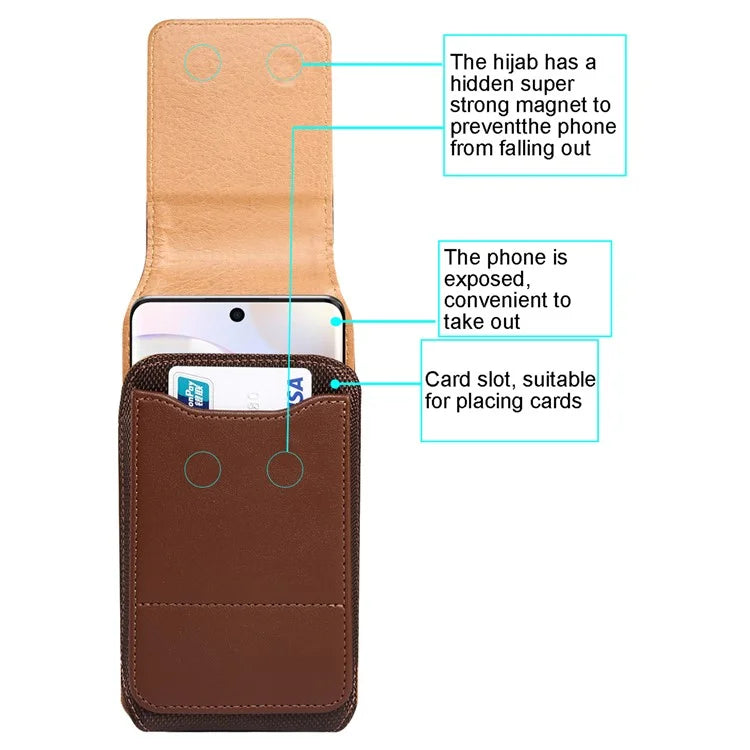 6.2-6.5 inch PU Leather Phone Bag Waist Belt Hanging Phone Holster with Card Slot (Vertical Type)