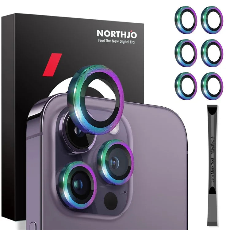 NORTHJO 2 Sets for iPhone 14 Pro / 14 Pro Max / 15 Pro / 15 Pro Max Tempered Glass Lens Protector CD Veins Metal Ring Lens Guard